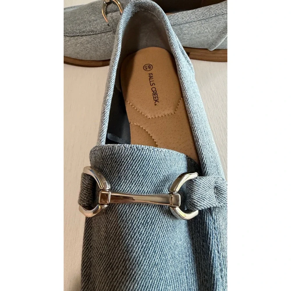 Falls Creek Carrie Denim Horsebit Loafers Light Blue Square Toe Flats Womens 8.5